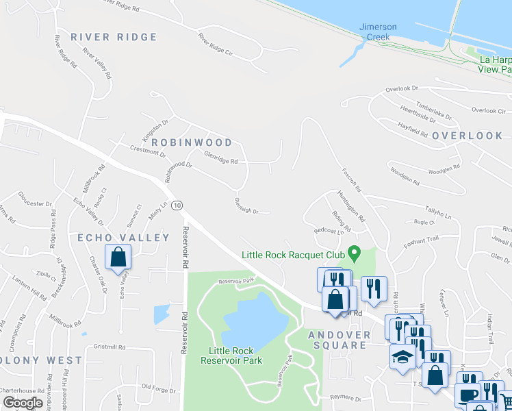 map of restaurants, bars, coffee shops, grocery stores, and more near 11 Glenleigh Drive in Little Rock