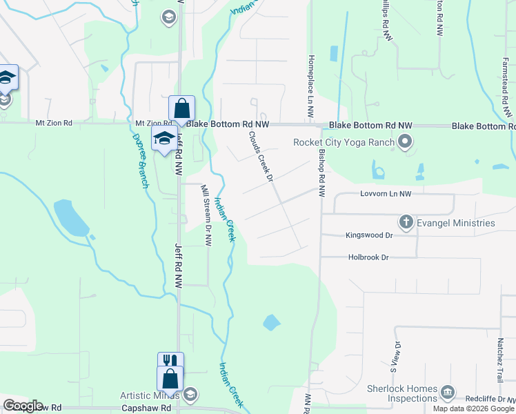 map of restaurants, bars, coffee shops, grocery stores, and more near 123 Hidden Creek Drive in Huntsville