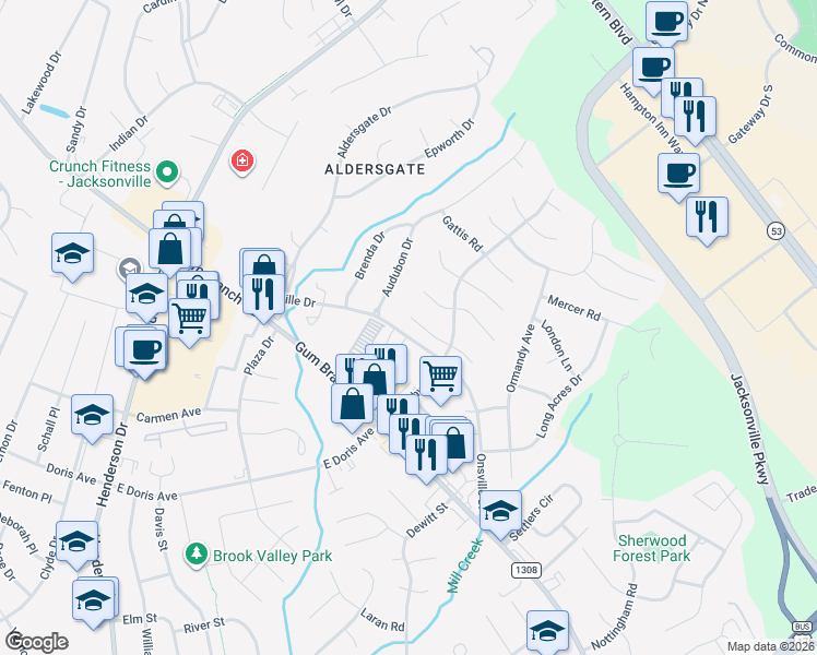 map of restaurants, bars, coffee shops, grocery stores, and more near 102-1398 Onsville Drive in Jacksonville