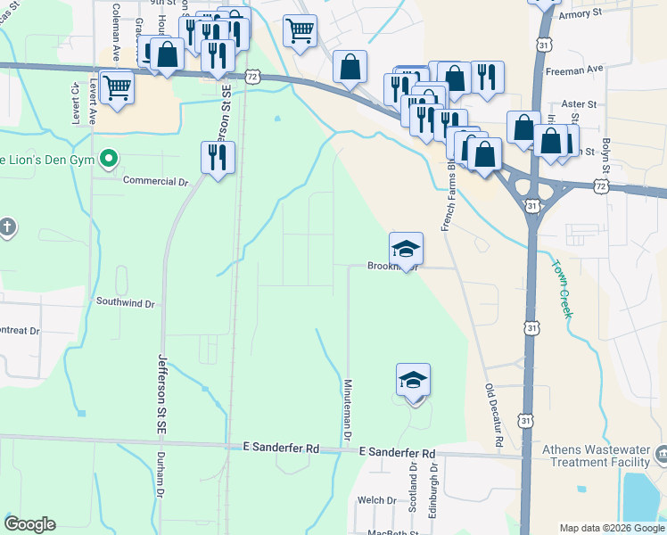 map of restaurants, bars, coffee shops, grocery stores, and more near 307 Brookhill Drive in Athens