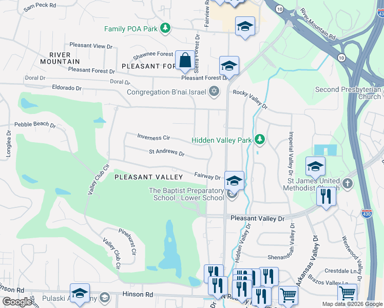 map of restaurants, bars, coffee shops, grocery stores, and more near 6 Saint Andrews Drive in Little Rock