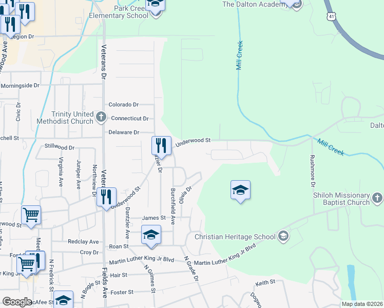 map of restaurants, bars, coffee shops, grocery stores, and more near 1318 Underwood Street in Dalton