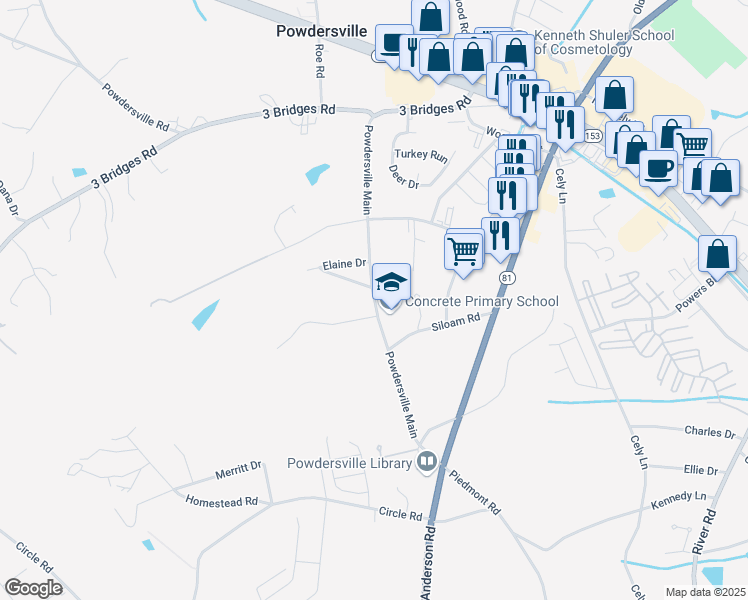 map of restaurants, bars, coffee shops, grocery stores, and more near 535 Powdersville Main in Easley