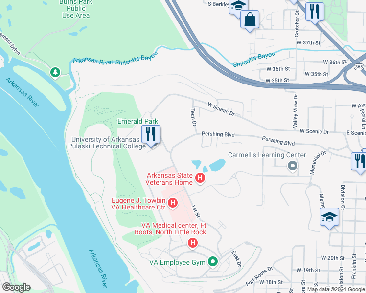 map of restaurants, bars, coffee shops, grocery stores, and more near 2750 West Pershing Boulevard in North Little Rock