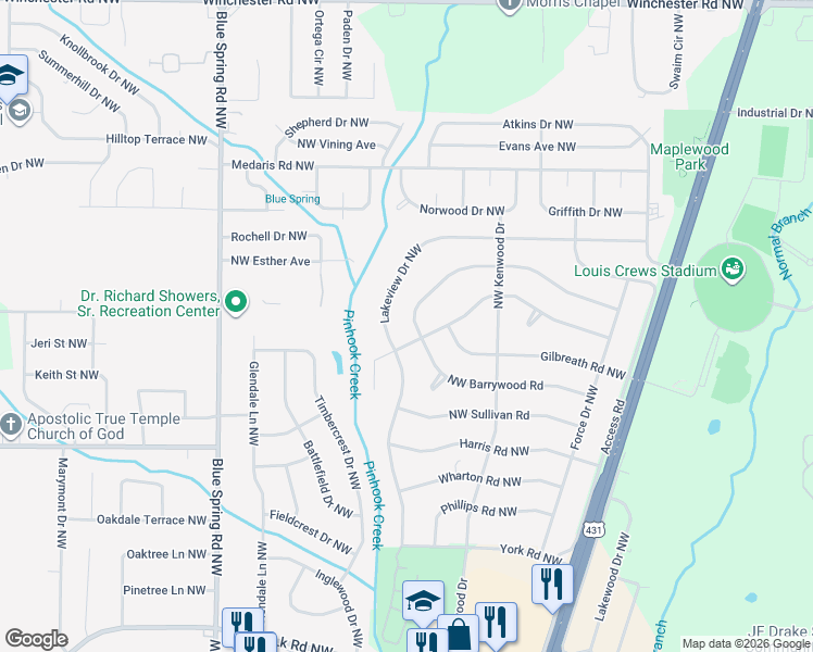 map of restaurants, bars, coffee shops, grocery stores, and more near 2230 Norris Road Northwest in Huntsville