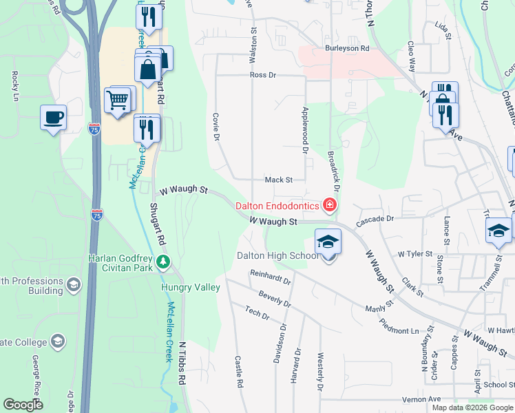 map of restaurants, bars, coffee shops, grocery stores, and more near 1104 Walston Street in Dalton