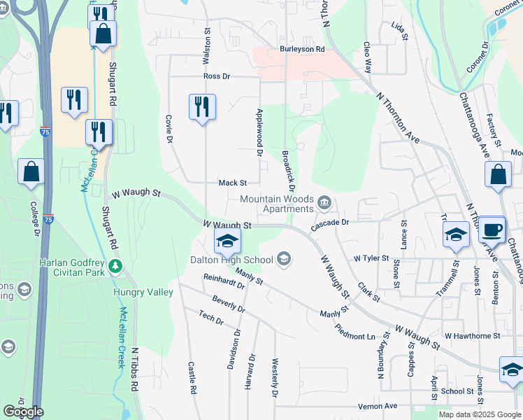 map of restaurants, bars, coffee shops, grocery stores, and more near 1110 Olympic Avenue in Dalton