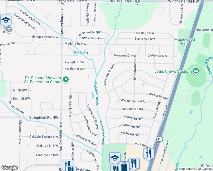 map of restaurants, bars, coffee shops, grocery stores, and more near 4202 Lakeview Drive Northwest in Huntsville