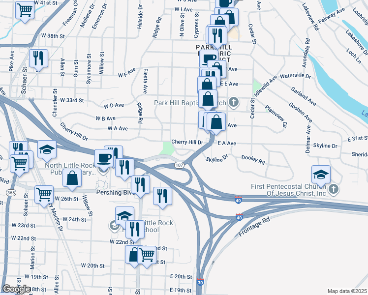 map of restaurants, bars, coffee shops, grocery stores, and more near 130 Crestview Drive in North Little Rock