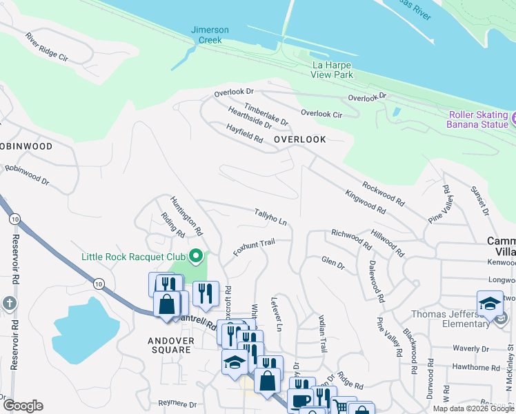 map of restaurants, bars, coffee shops, grocery stores, and more near 25 Tallyho Lane in Little Rock