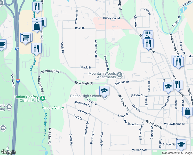 map of restaurants, bars, coffee shops, grocery stores, and more near 1110 Olympic Avenue in Dalton