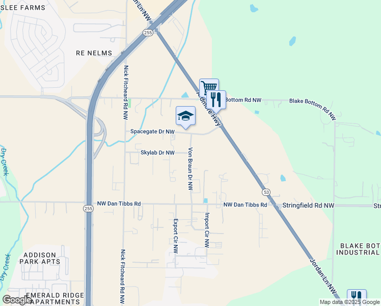 map of restaurants, bars, coffee shops, grocery stores, and more near 199 Von Braun Drive Northwest in Huntsville