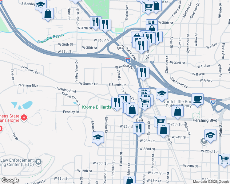 map of restaurants, bars, coffee shops, grocery stores, and more near 13 Cliffwood Circle in North Little Rock
