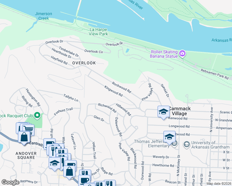 map of restaurants, bars, coffee shops, grocery stores, and more near 7121 Kingwood Road in Little Rock