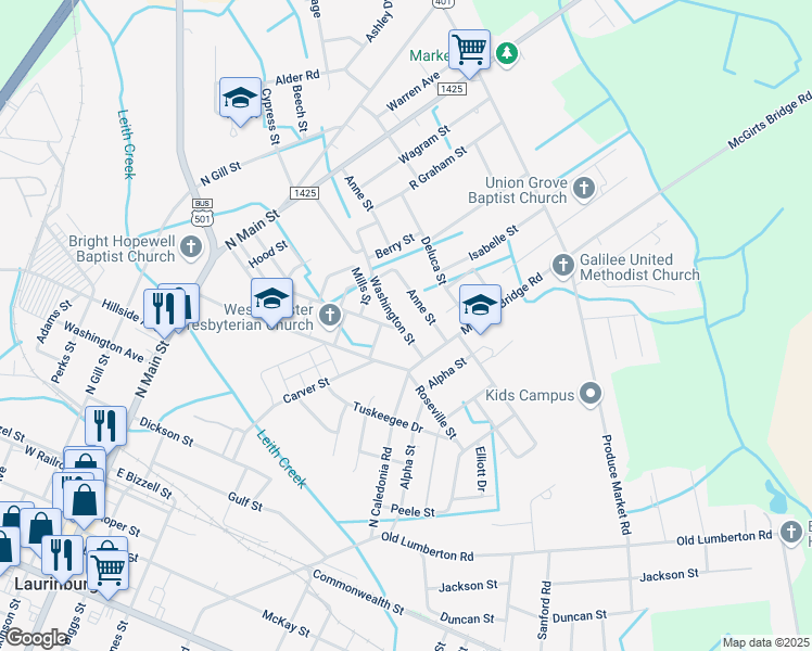map of restaurants, bars, coffee shops, grocery stores, and more near 612 Washington Street in Laurinburg