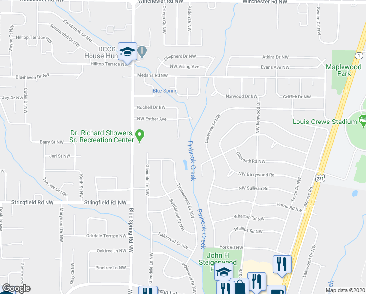 map of restaurants, bars, coffee shops, grocery stores, and more near 4502 Rochell Drive Northwest in Huntsville
