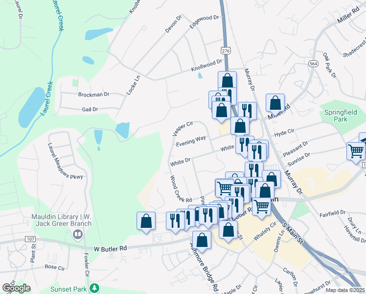 map of restaurants, bars, coffee shops, grocery stores, and more near 211 Evening Way in Mauldin