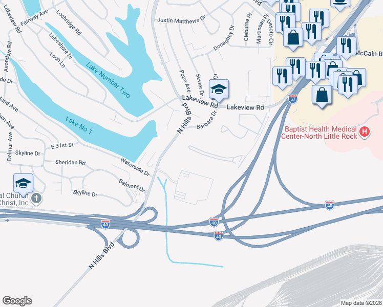 map of restaurants, bars, coffee shops, grocery stores, and more near 2401 Lakeview Road in North Little Rock