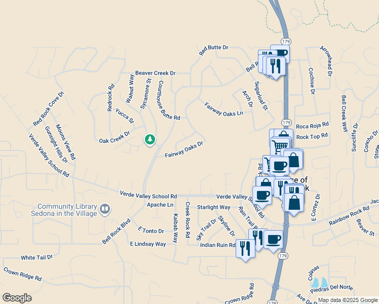 map of restaurants, bars, coffee shops, grocery stores, and more near 325 Fairway Oaks Drive in Sedona