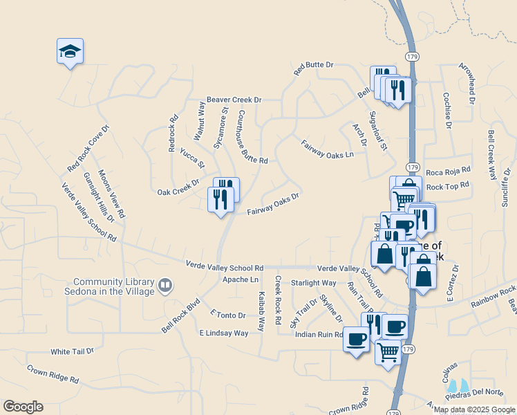 map of restaurants, bars, coffee shops, grocery stores, and more near 375 Fairway Oaks Drive in Sedona