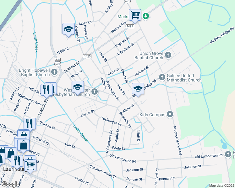 map of restaurants, bars, coffee shops, grocery stores, and more near 612 Washington Street in Laurinburg