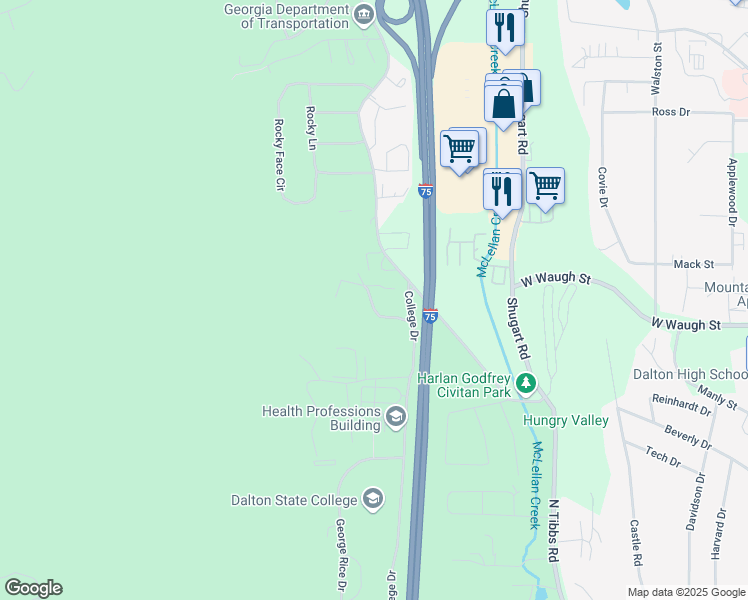 map of restaurants, bars, coffee shops, grocery stores, and more near 656 Campus Place in Dalton