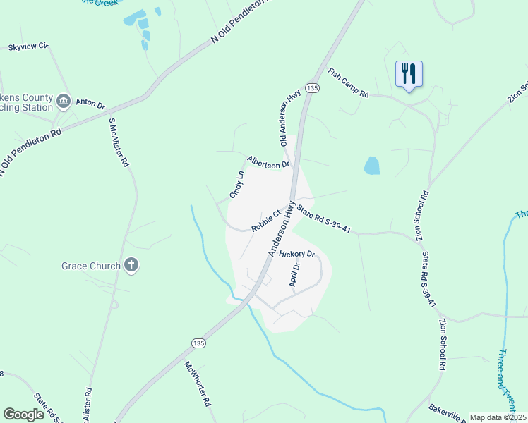 map of restaurants, bars, coffee shops, grocery stores, and more near 120 Robbie Court in Easley