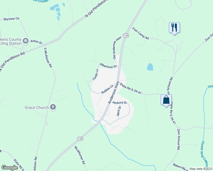 map of restaurants, bars, coffee shops, grocery stores, and more near 120 Robbie Court in Easley
