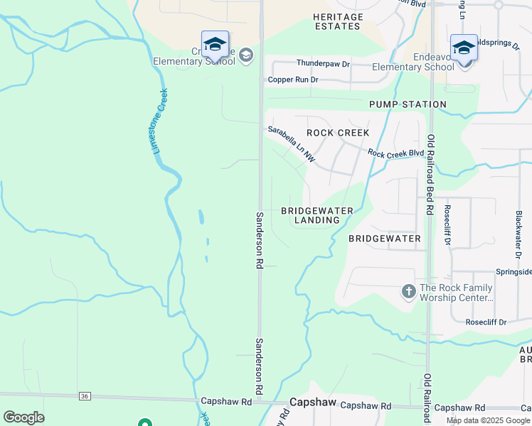map of restaurants, bars, coffee shops, grocery stores, and more near 15559-15601 Sanderson Road in Harvest