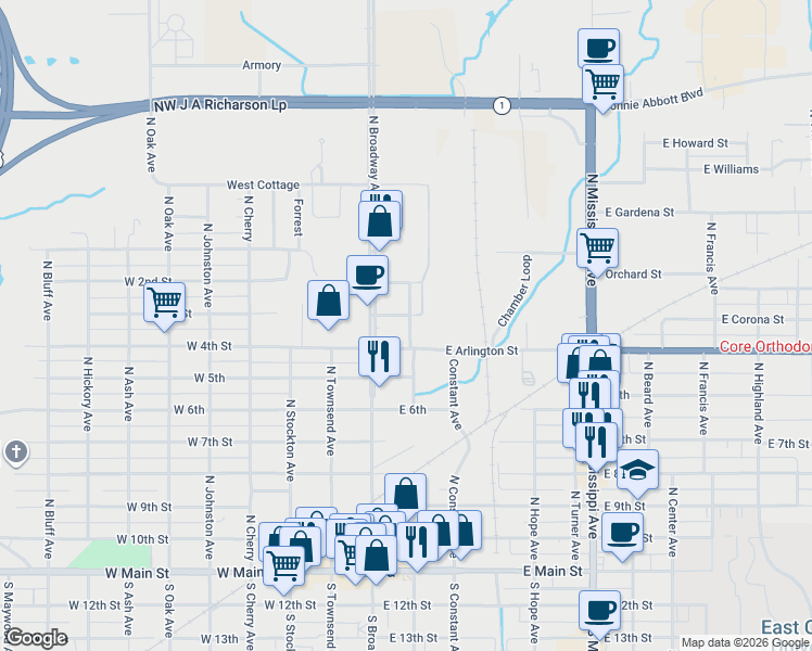 map of restaurants, bars, coffee shops, grocery stores, and more near 800 North Broadway Avenue in Ada