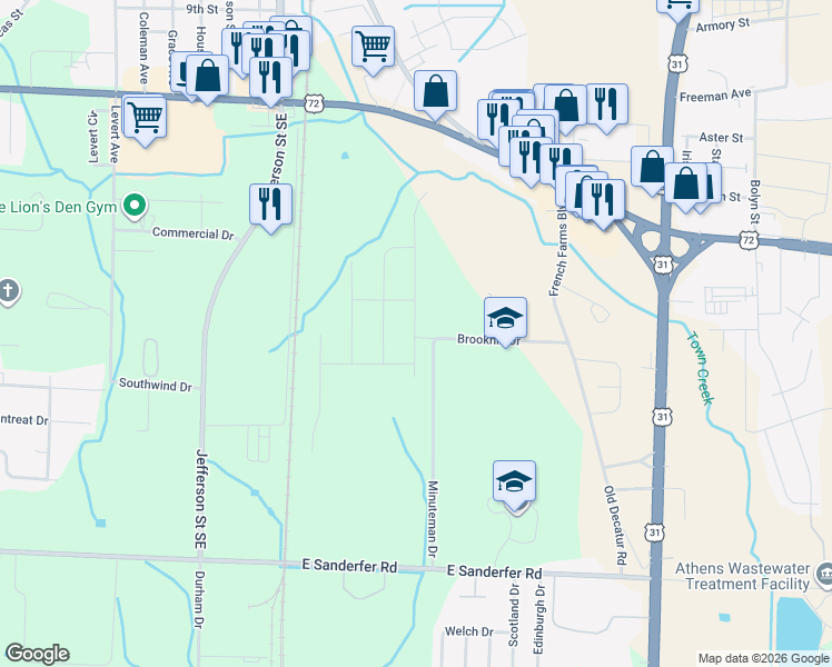 map of restaurants, bars, coffee shops, grocery stores, and more near 315 Brookhill Drive in Athens