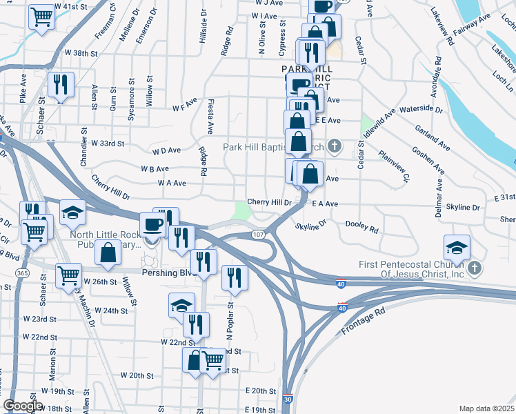 map of restaurants, bars, coffee shops, grocery stores, and more near 130 Crestview Drive in North Little Rock