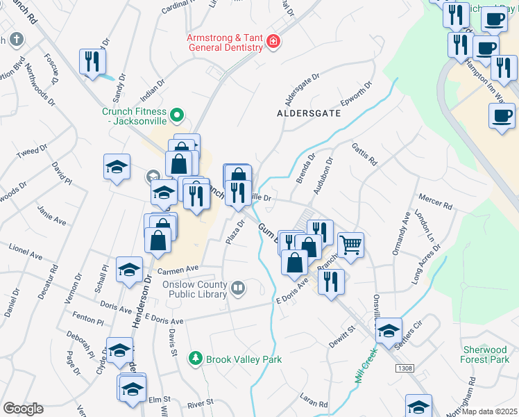 map of restaurants, bars, coffee shops, grocery stores, and more near 12 Onsville Place in Jacksonville