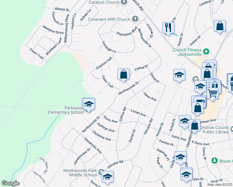 map of restaurants, bars, coffee shops, grocery stores, and more near 2712 Northwoods Drive in Jacksonville
