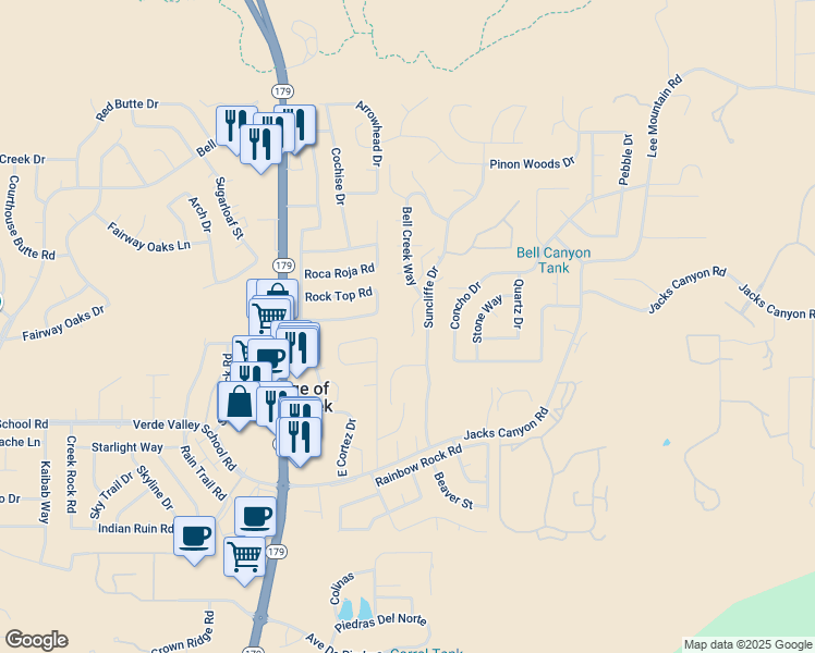 map of restaurants, bars, coffee shops, grocery stores, and more near 130 Bell Wash Court in Sedona