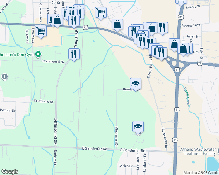 map of restaurants, bars, coffee shops, grocery stores, and more near 307 Brookhill Drive in Athens