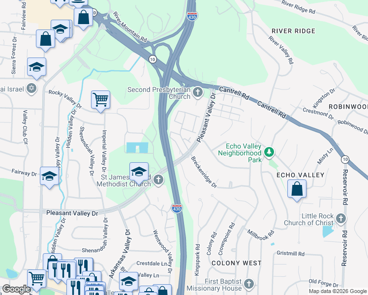 map of restaurants, bars, coffee shops, grocery stores, and more near 500 Cambridge Place Drive in Little Rock