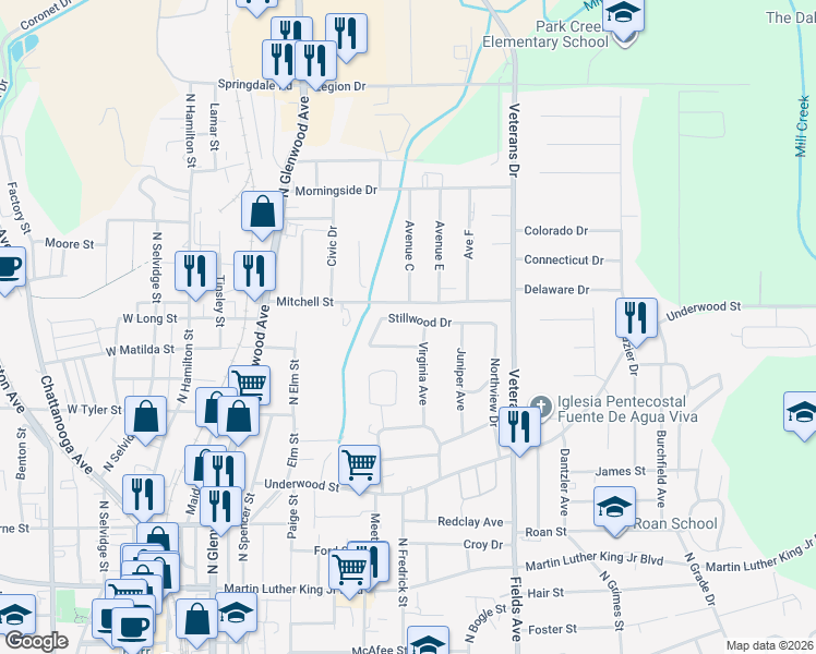 map of restaurants, bars, coffee shops, grocery stores, and more near 532 Stillwood Drive in Dalton