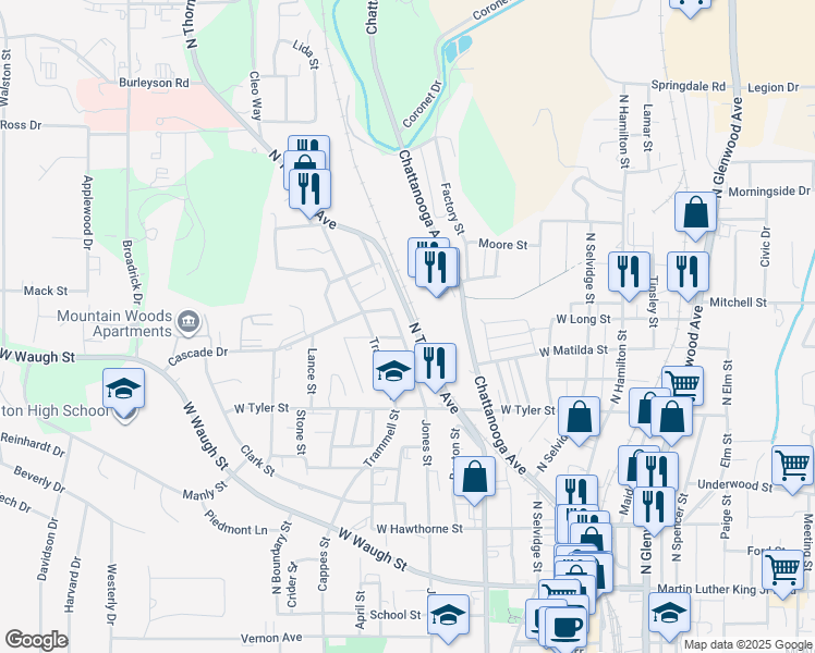 map of restaurants, bars, coffee shops, grocery stores, and more near 812 Jones Street in Dalton