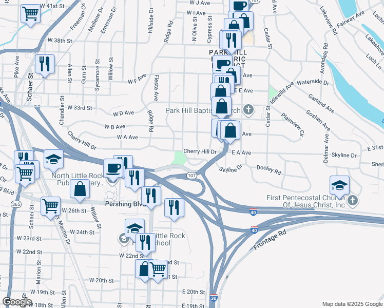 map of restaurants, bars, coffee shops, grocery stores, and more near 130 Crestview Drive in North Little Rock