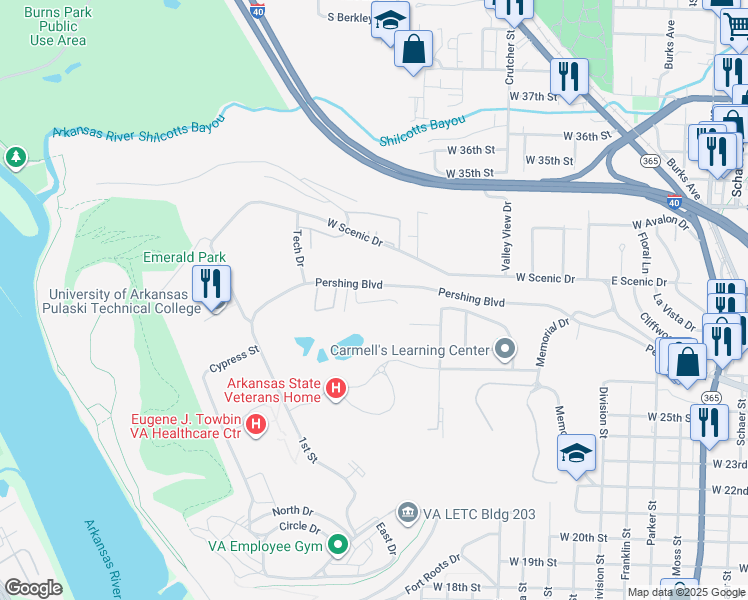 map of restaurants, bars, coffee shops, grocery stores, and more near 2540 West Pershing Boulevard in North Little Rock