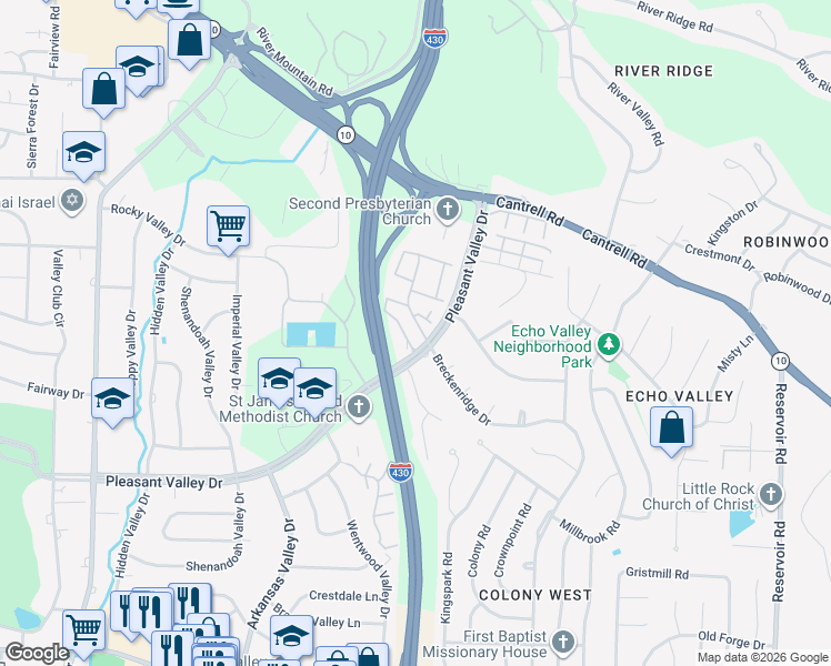 map of restaurants, bars, coffee shops, grocery stores, and more near 500 Cambridge Place Drive in Little Rock