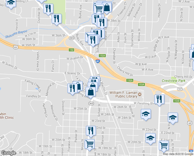 map of restaurants, bars, coffee shops, grocery stores, and more near 2918 Pike Avenue in North Little Rock