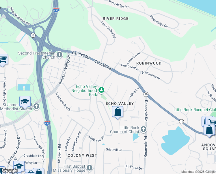 map of restaurants, bars, coffee shops, grocery stores, and more near 3218 Rocky Court in Little Rock