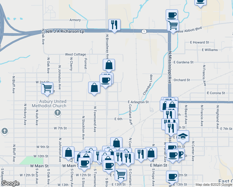 map of restaurants, bars, coffee shops, grocery stores, and more near 800 North Broadway Avenue in Ada