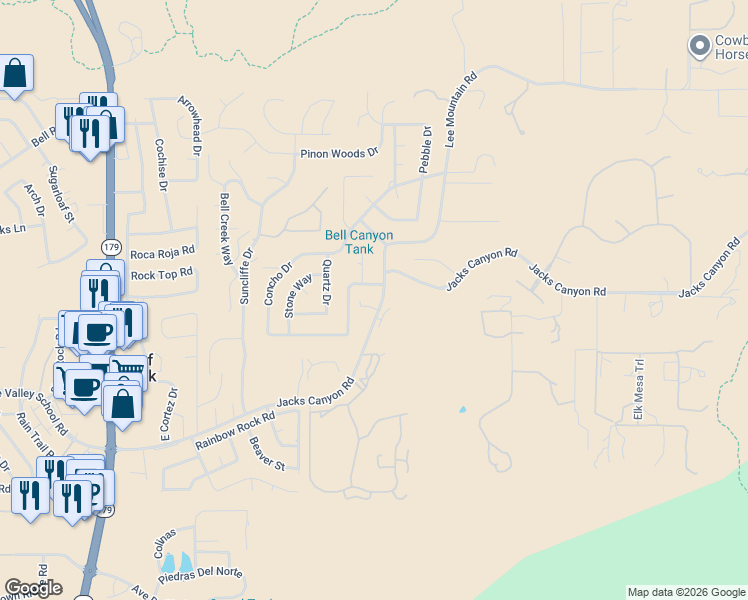 map of restaurants, bars, coffee shops, grocery stores, and more near 580 Jacks Canyon Road in Sedona