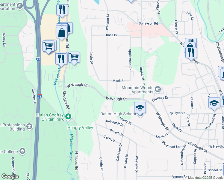 map of restaurants, bars, coffee shops, grocery stores, and more near 1101 Gravely Street in Dalton