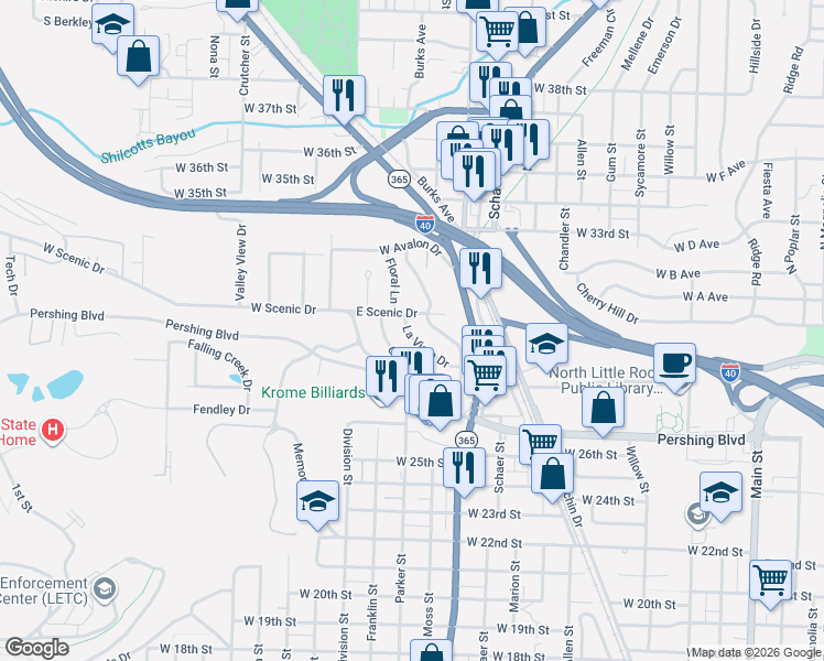 map of restaurants, bars, coffee shops, grocery stores, and more near 15 La Vista Drive in North Little Rock