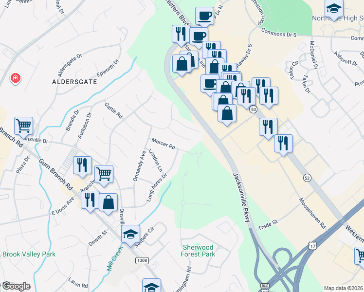 map of restaurants, bars, coffee shops, grocery stores, and more near 311 Long Acre Drive in Jacksonville