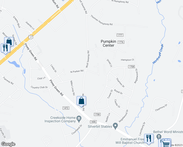 map of restaurants, bars, coffee shops, grocery stores, and more near 406 Wolf Run Lane in Jacksonville